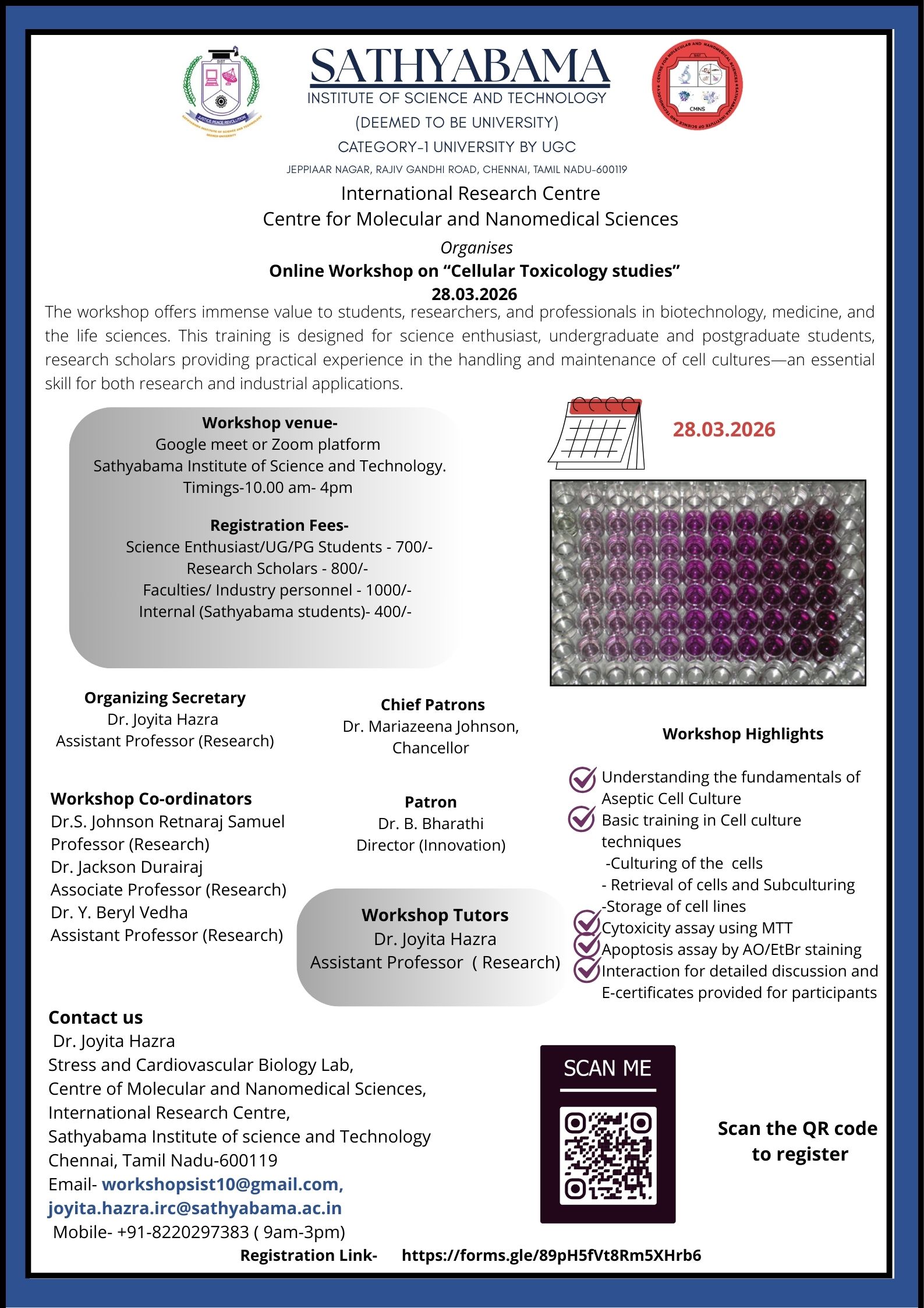 One-day Online Workshop on Cellular Toxicology Studies 2026 Online Training Program Poster 